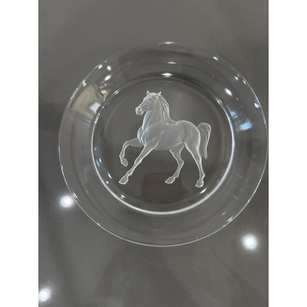 Hoya Crystal Art Engraved Horse Equestrian Intaglio Glass Plate 7.25" Japan